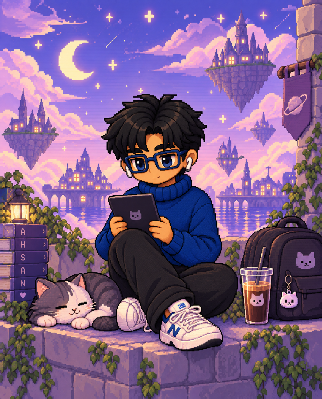 Dreamy pixel-art welcome scene: a smiling creator with glasses and a blue turtleneck sitting on a stone ledge, holding a tablet, a sleepy gray-and-white cat curled nearby, stacked books labeled AHSAN, a lantern, a backpack with cat pins, an iced coffee, floating starlit castles, a crescent moon, and soft lavender clouds
